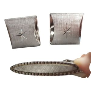 Swank Silvertone Brushed CuffLinks with Etched Starburst & Tie Clip Set- Vintage